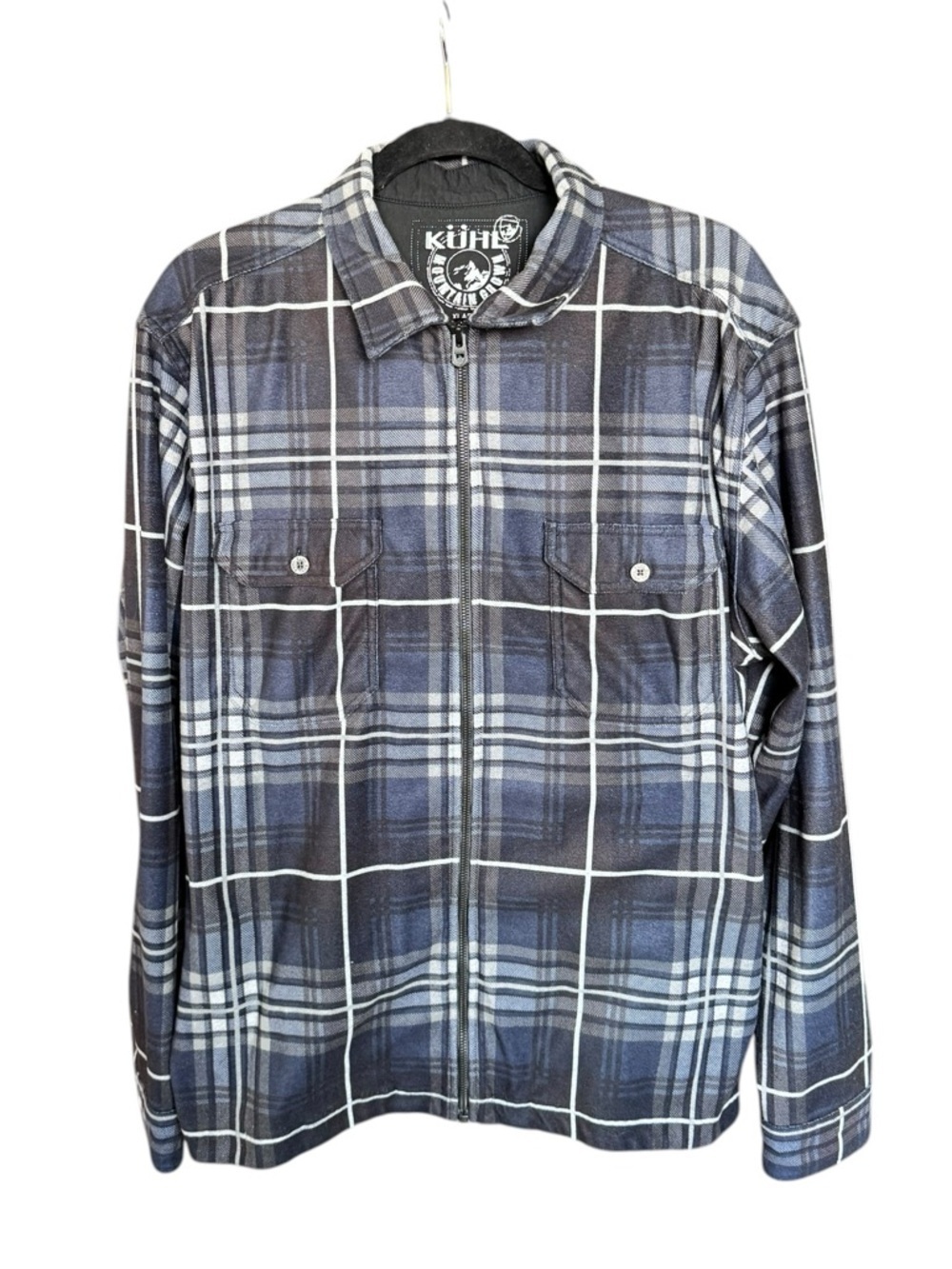 KÜHL Plaid Fleece Lined Jacket XL Blue Gray Zip Flannel Shirt Jacket RARE